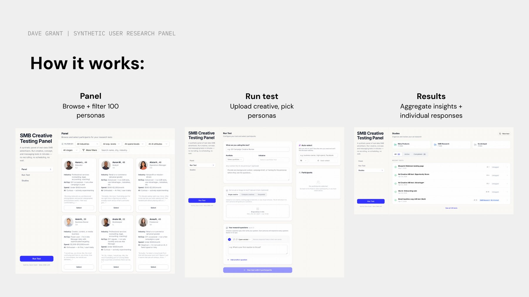 How the panel works: browse and filter personas, run a test, review results