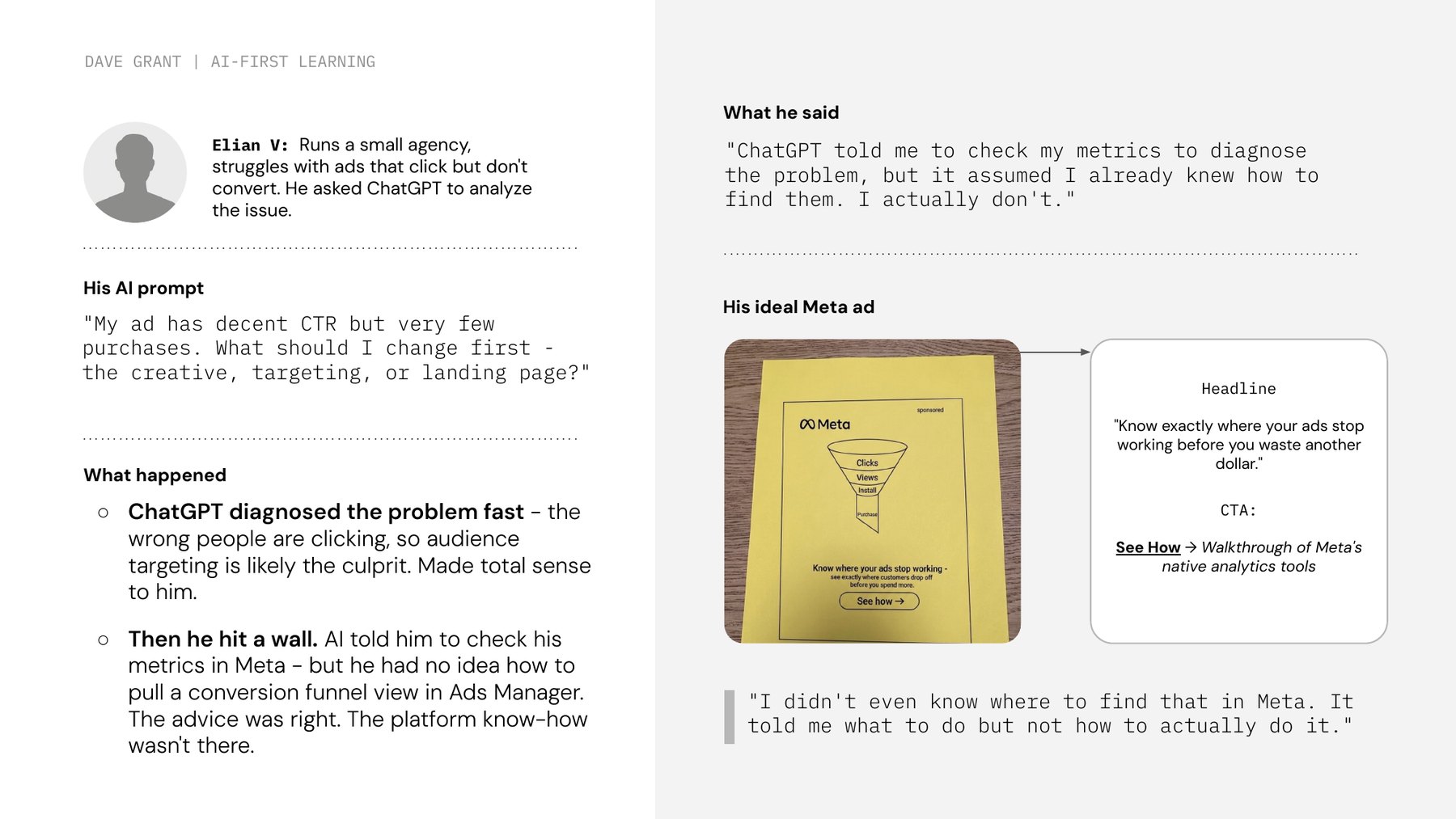 A participant's AI prompt, the wall he hit, and the ad he sketched